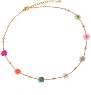 Cute Flower Beaded Ball Choker Necklace Stainless Steel Colorful Acystal Bead Daisy Flowers Adjustable Necklaces Fashion 18k Goldtone Plated Jewelry Gifts for Women Chain 15" 2"
