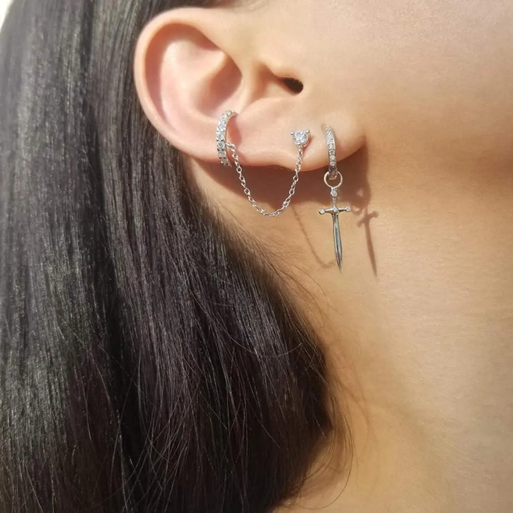 Dagger Hoop Cuff Earrings S925 Sterling Silver Cubic Zirconia Hypoallergenic Cartilage Earrings Huggie Ear Piercing Sword Small Dangle Drop for Women Bff Stylish Jewelry
