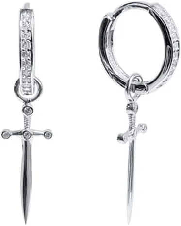 Dagger Hoop Cuff Earrings S925 Sterling Silver Cubic Zirconia Hypoallergenic Cartilage Earrings Huggie Ear Piercing Sword Small Dangle Drop for Women Bff Stylish Jewelry