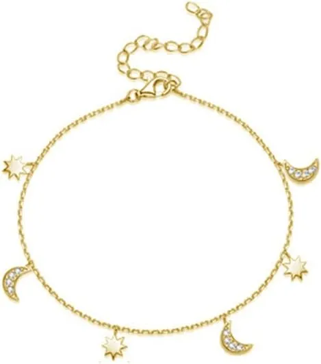 Dainty Star and Moon Anklet 925 Sterling Silver CZ Crystal Adjustable Dangle Charm Beach Foot Anklets Bracelet Summer Foot Jewelry for Women