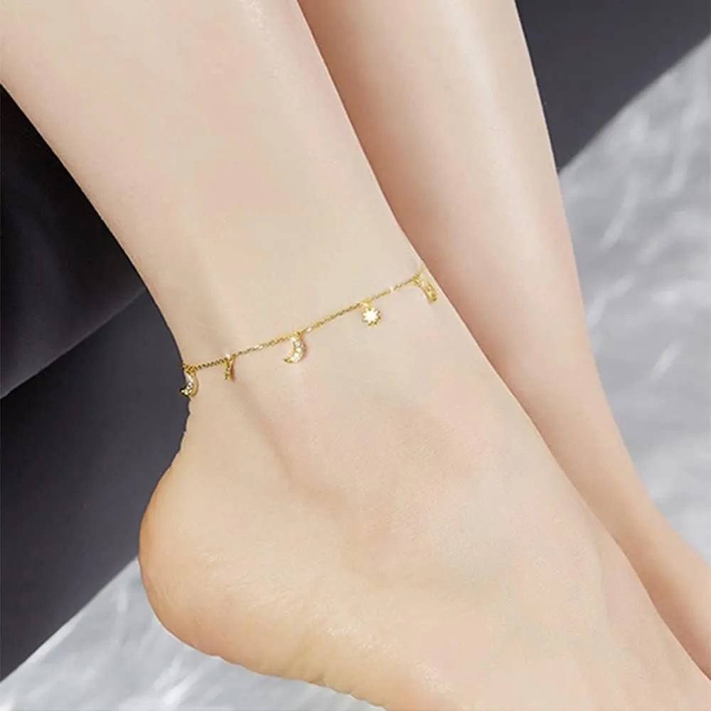 Dainty Star and Moon Anklet 925 Sterling Silver CZ Crystal Adjustable Dangle Charm Beach Foot Anklets Bracelet Summer Foot Jewelry for Women