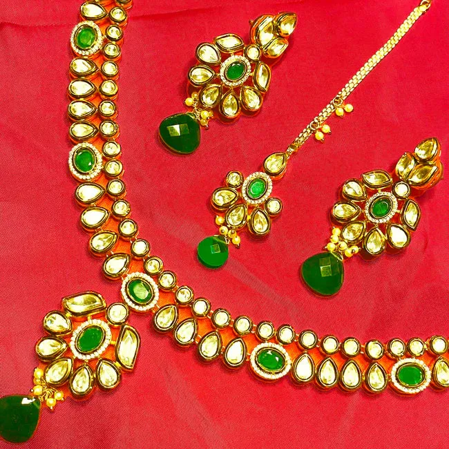 Designer Gold Plated Royal Kundan & Emerald Necklace with Earrings (D655) - Depricate