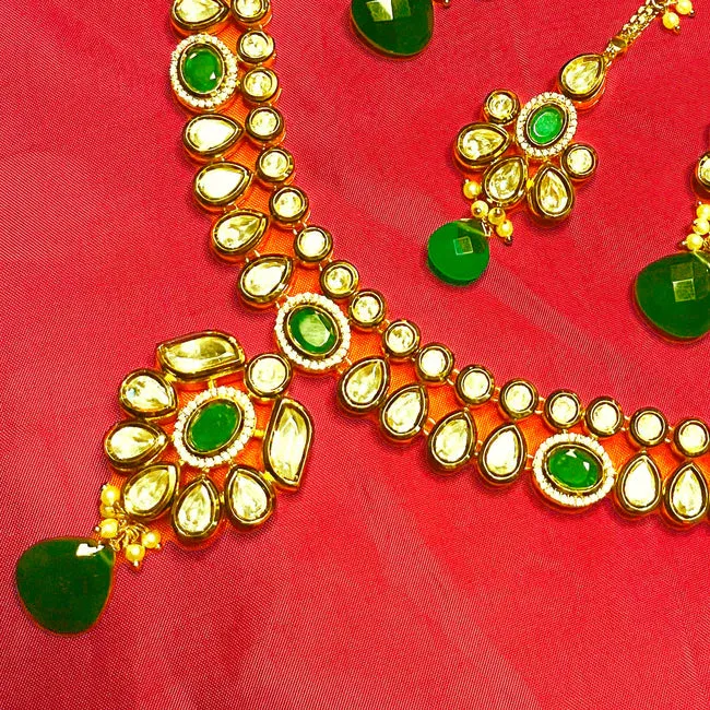 Designer Gold Plated Royal Kundan & Emerald Necklace with Earrings (D655) - Depricate