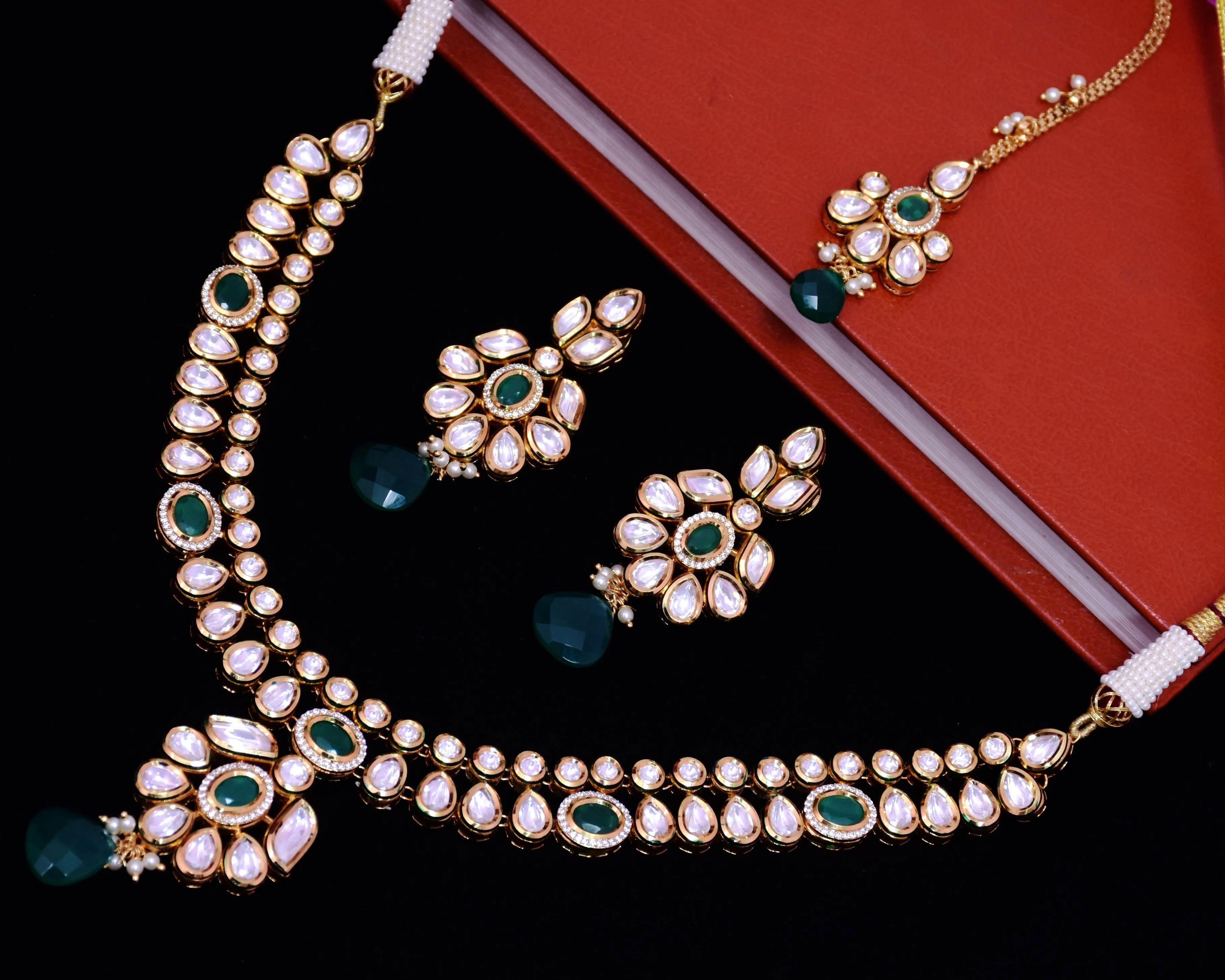 Designer Gold Plated Royal Kundan & Emerald Necklace with Earrings (D655) - Depricate