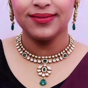 Designer Gold Plated Royal Kundan & Emerald Necklace with Earrings (D655) - Depricate
