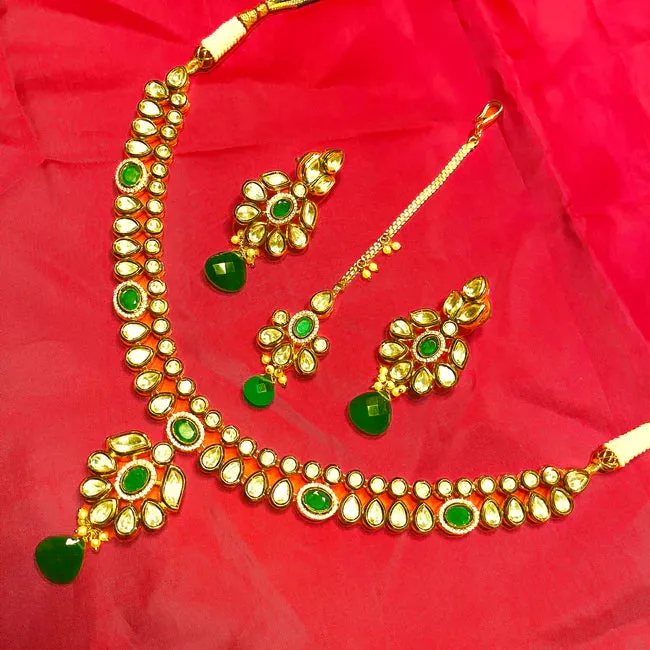 Designer Gold Plated Royal Kundan & Emerald Necklace with Earrings (D655) - Depricate