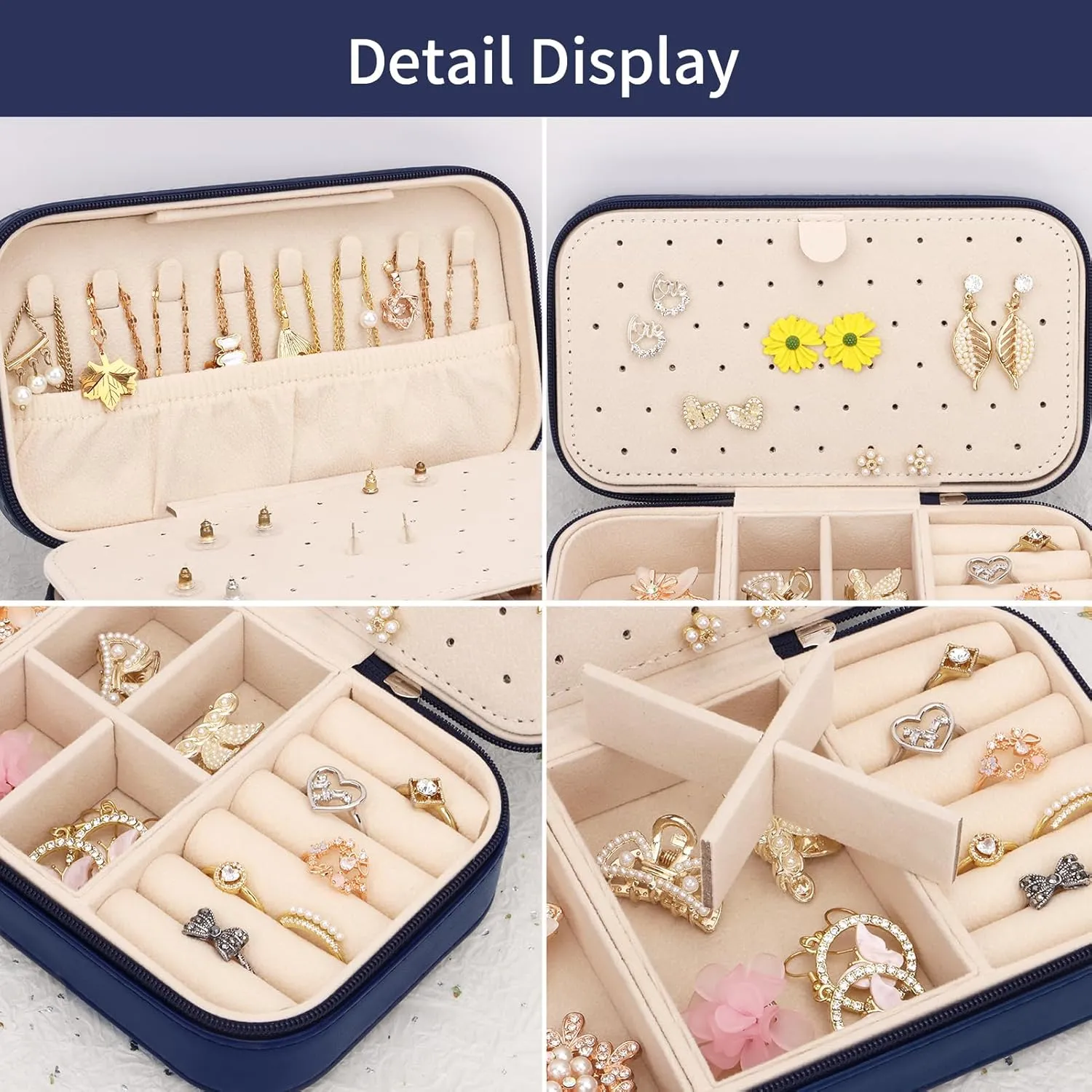 DesignSter Travel Jewelry Box, PU Leather Portable Jewelry Case, Small Jewelry Boxes for Gifts, Travel Jewelry Organizer for Women Rings Earrings Necklaces Bracelets (Dark Blue)