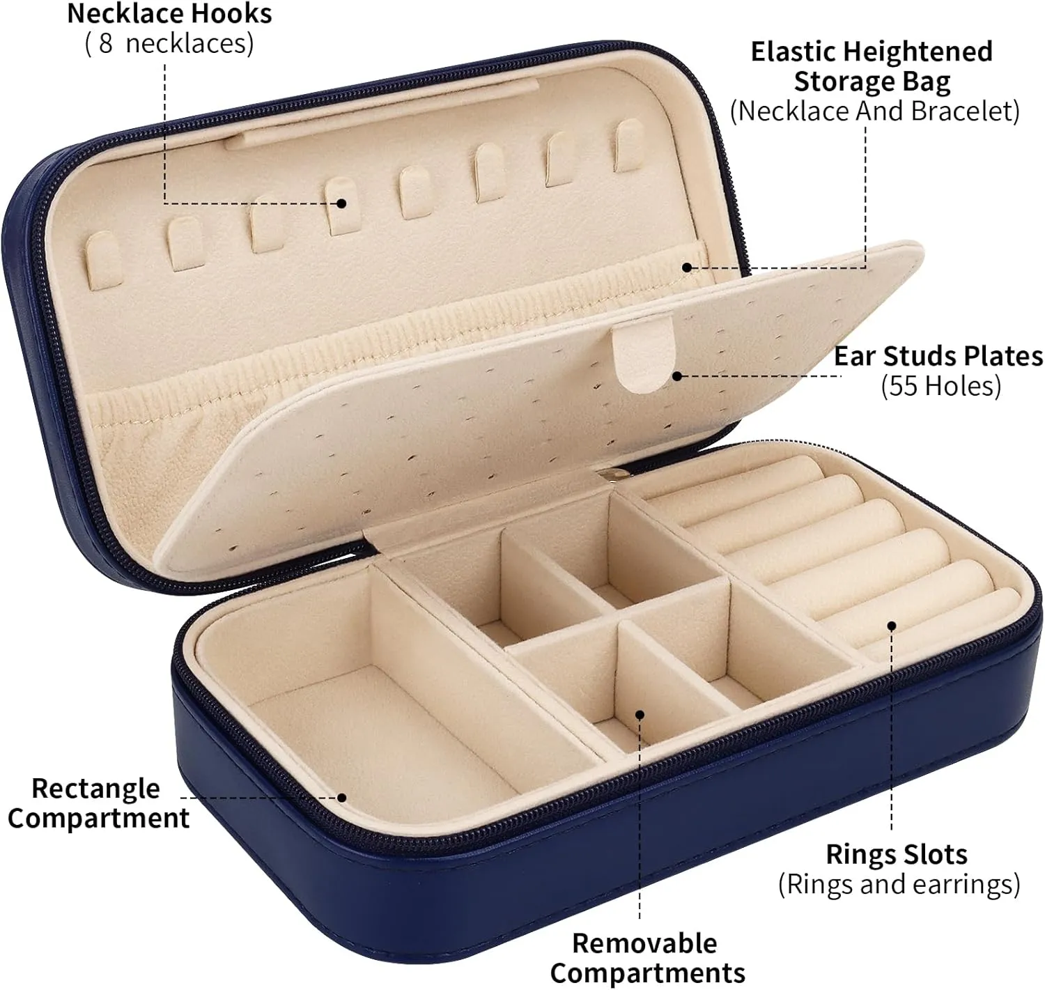 DesignSter Travel Jewelry Box, PU Leather Portable Jewelry Case, Small Jewelry Boxes for Gifts, Travel Jewelry Organizer for Women Rings Earrings Necklaces Bracelets (Dark Blue)