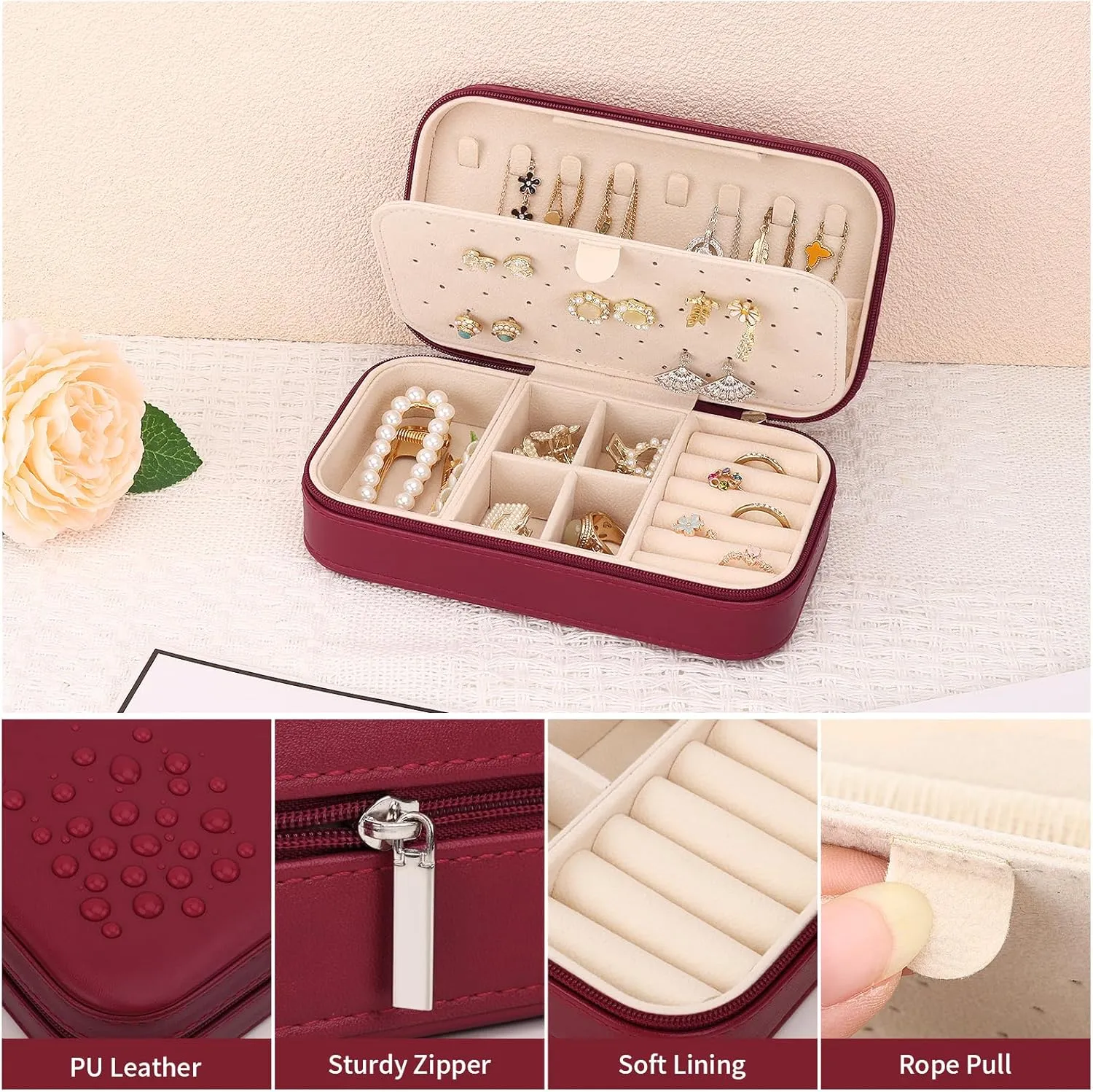 DesignSter Travel Jewelry Box, PU Leather Portable Jewelry Case, Small Jewelry Boxes for Gifts, Travel Jewelry Organizer for Women Rings Earrings Necklaces Bracelets (Wine Red)