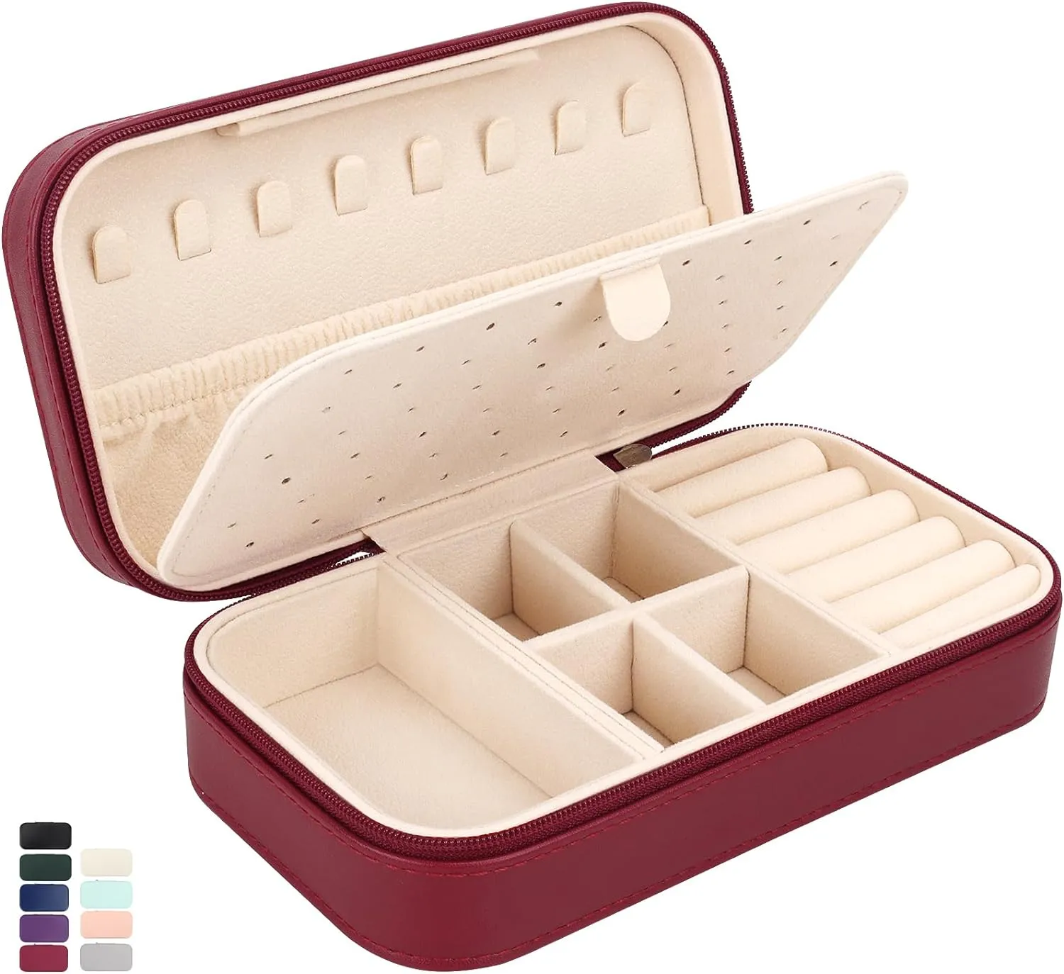 DesignSter Travel Jewelry Box, PU Leather Portable Jewelry Case, Small Jewelry Boxes for Gifts, Travel Jewelry Organizer for Women Rings Earrings Necklaces Bracelets (Wine Red)