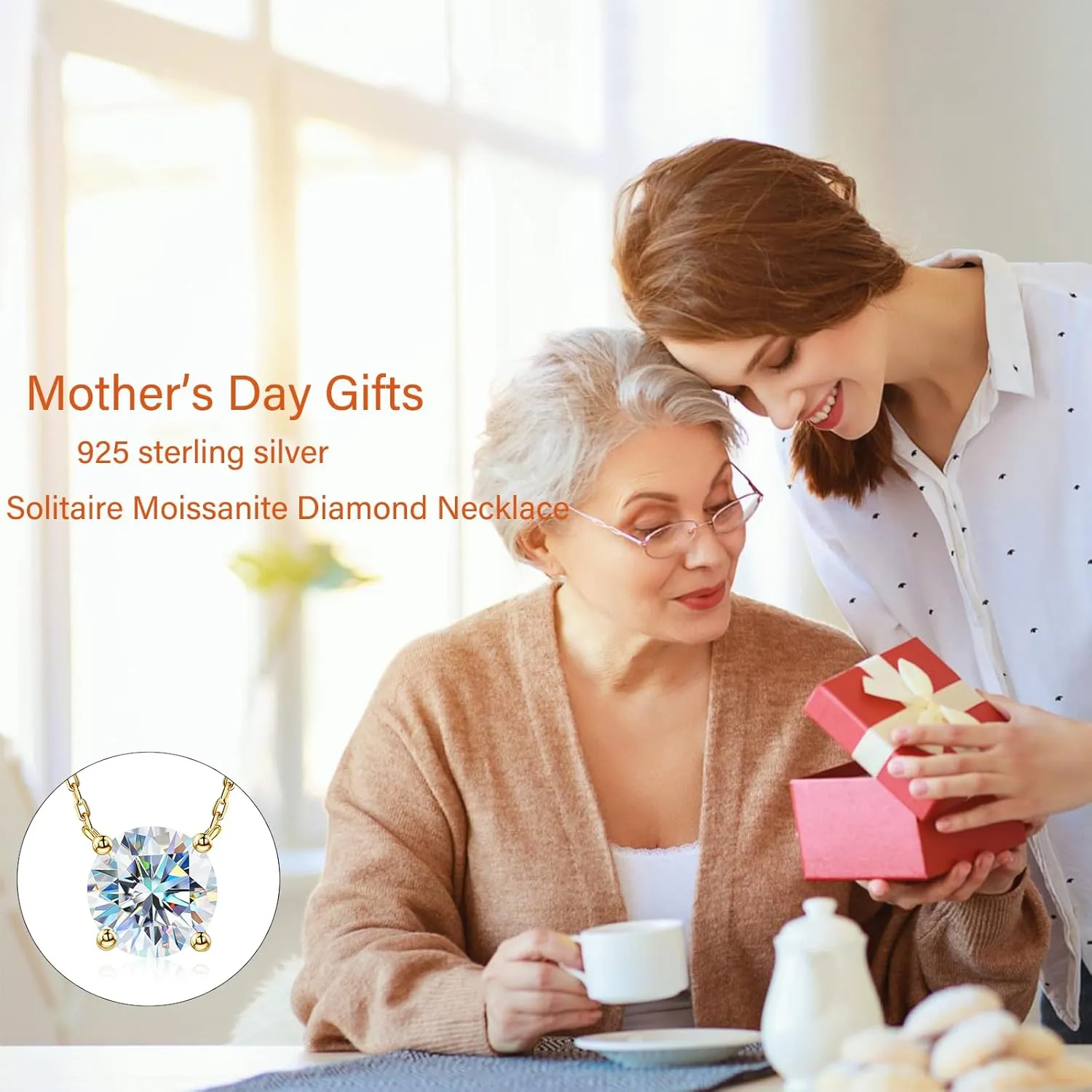 Diamond Necklace for Women, Moissanite Pendant Jewelry for Mothers Gifts, Diamond Necklace Gifts for Mothers Day with GRA Certificate Wife Mom