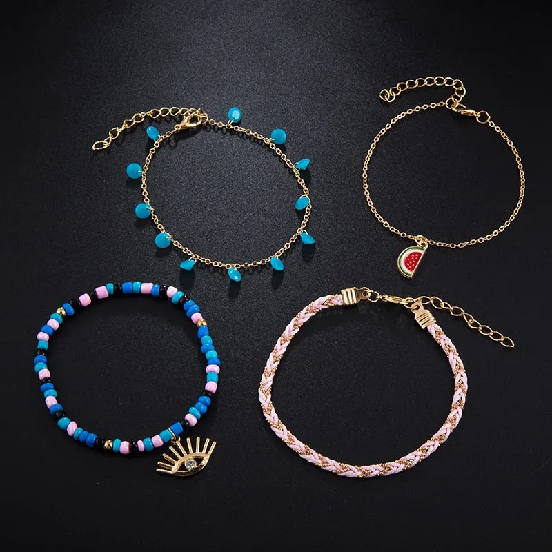 Docona Boho 4pcs/sets Colorful Beaded Anklets