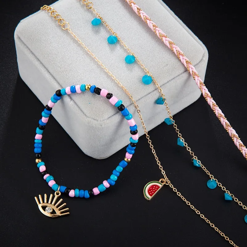 Docona Boho 4pcs/sets Colorful Beaded Anklets