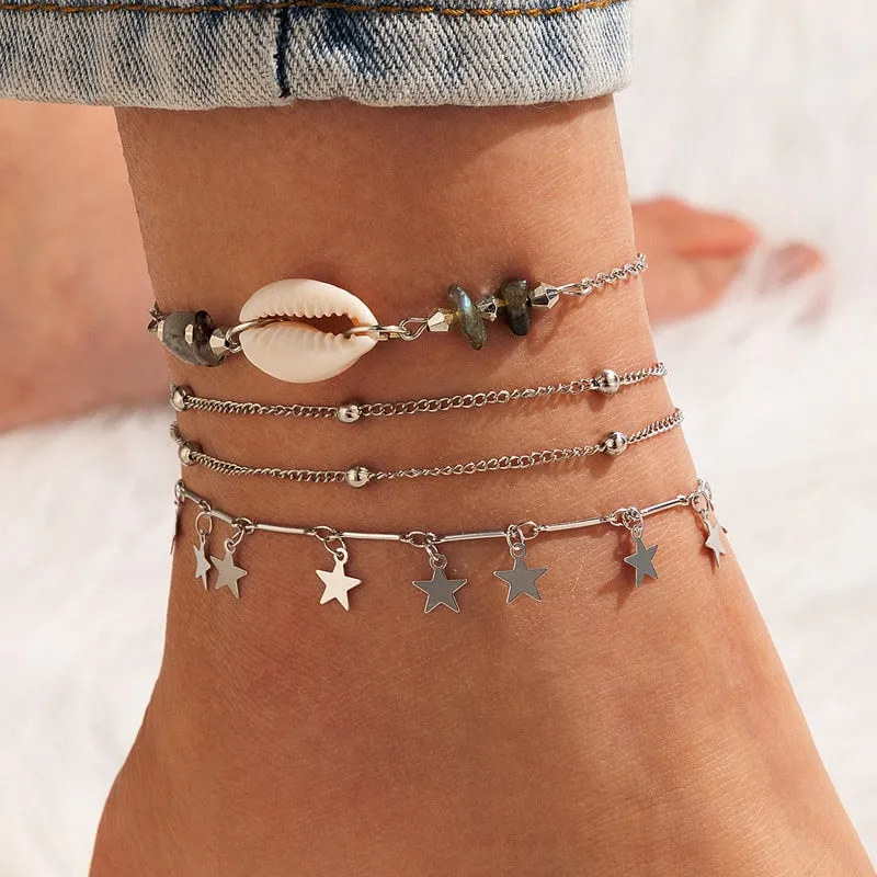Docona Boho 4pcs/sets Colorful Beaded Anklets