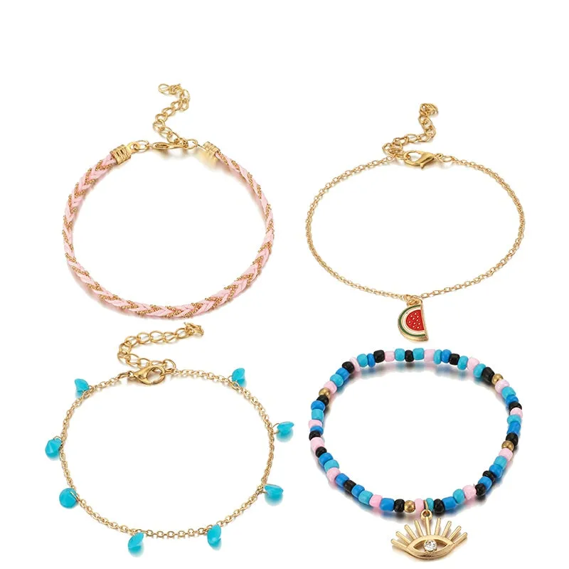 Docona Boho 4pcs/sets Colorful Beaded Anklets