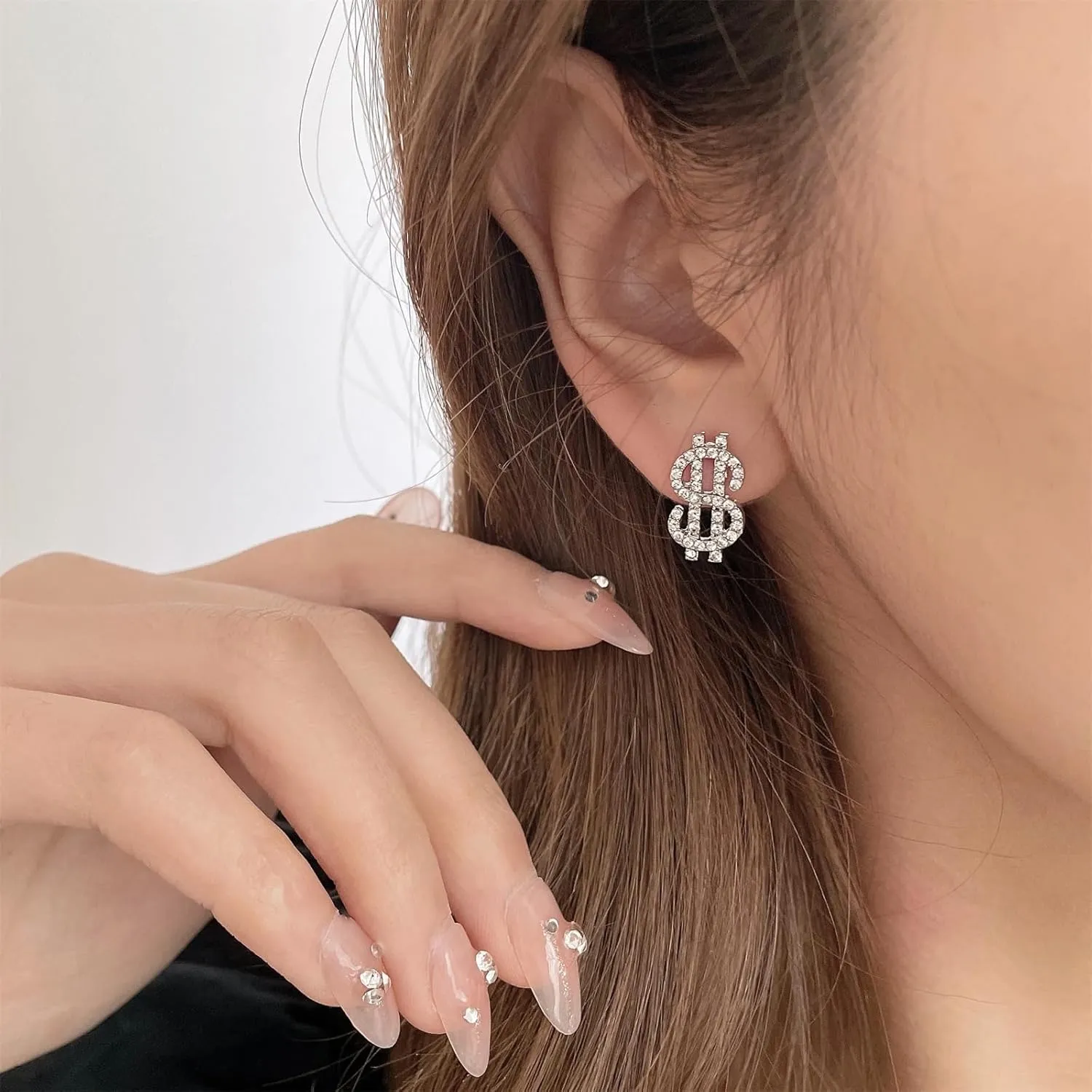 Dollar Money Symbol Crystal Stud Earrings Funny Statement Currency Dollar Sign Rich Symbol Shiny Rhinestone Cubic Zirconia Elegant Hypoallergenic Earrings for Women