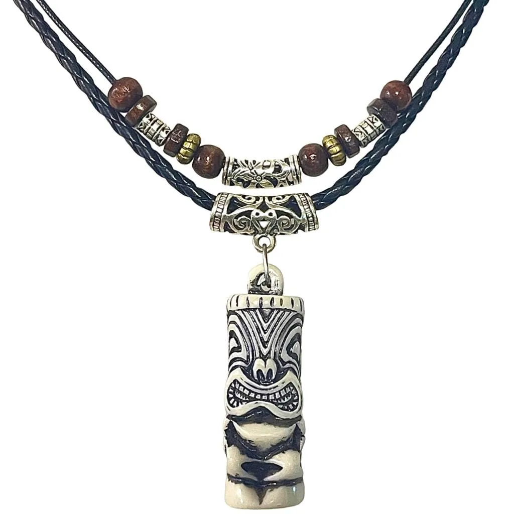 Double Layers Hawaiian Tiki Pendant Necklace for Men Women -Polynesian Tribal Surfer Beach Jewelry White Pandent