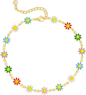 Dremmy Studios Women Anklet 14K Gold Plated Dainty Beads Daisy Heart Cross Anchor Pendant Ankle Bracelet Simple Beach Summer Smile Lip Foot Chain Jewelry Gift for Girls Mom