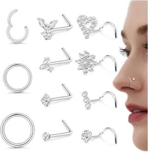 Drperfect Nose Studs Nose Rings 18G 20G Nose Rings Studs Gold Small Nose Studs - L Shaped Corkscrew Hoop Nose Ring - CZ Butterfly Heart Flower 316L Surgical Steel Tiny Nostril Nose Piercing Jewelry for Women Men 11Pcs