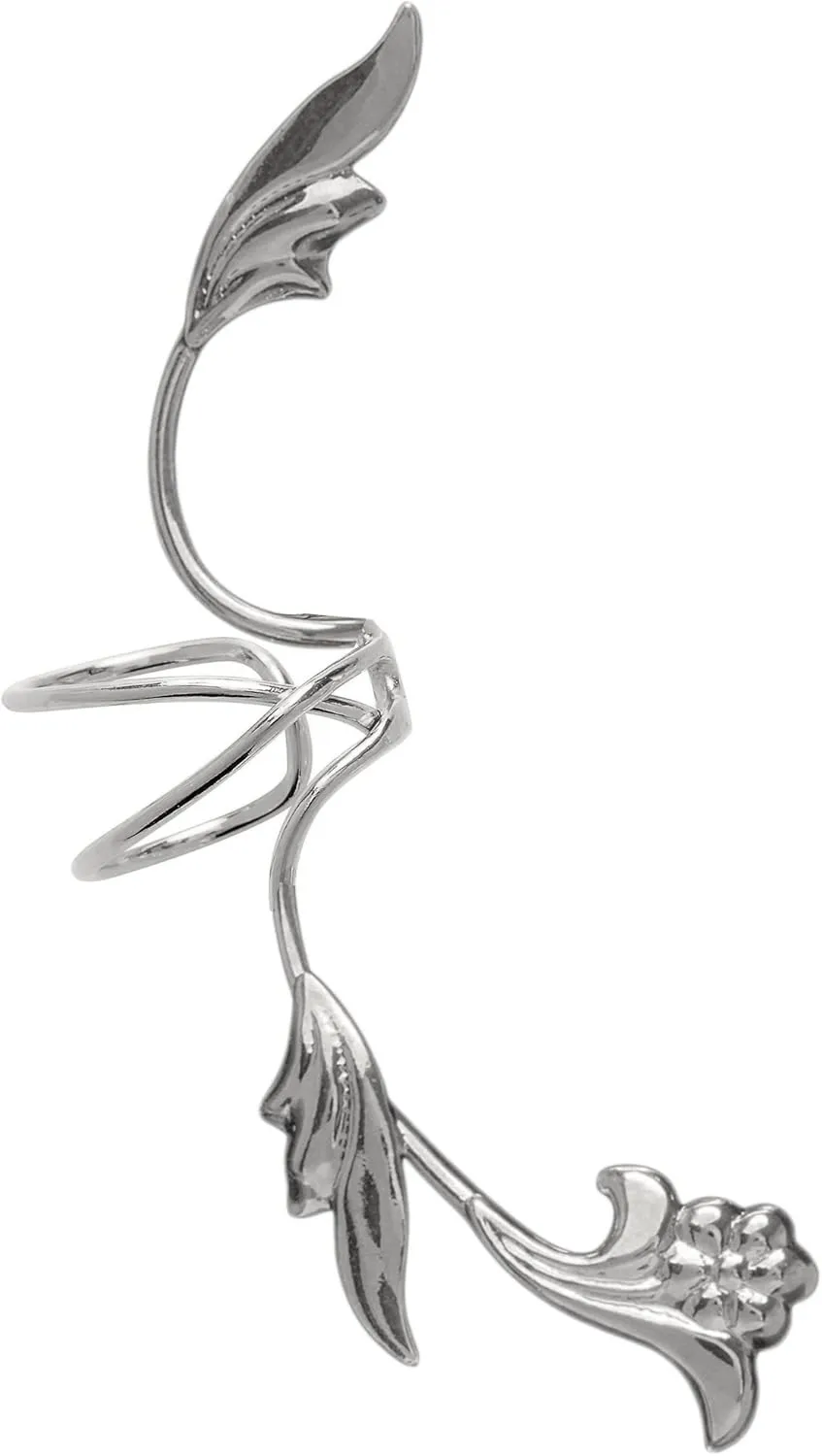 Ear Charms Delicate Leaf & Flower Ear Cuff non-pierced Right Rhodium on Sterling Silver