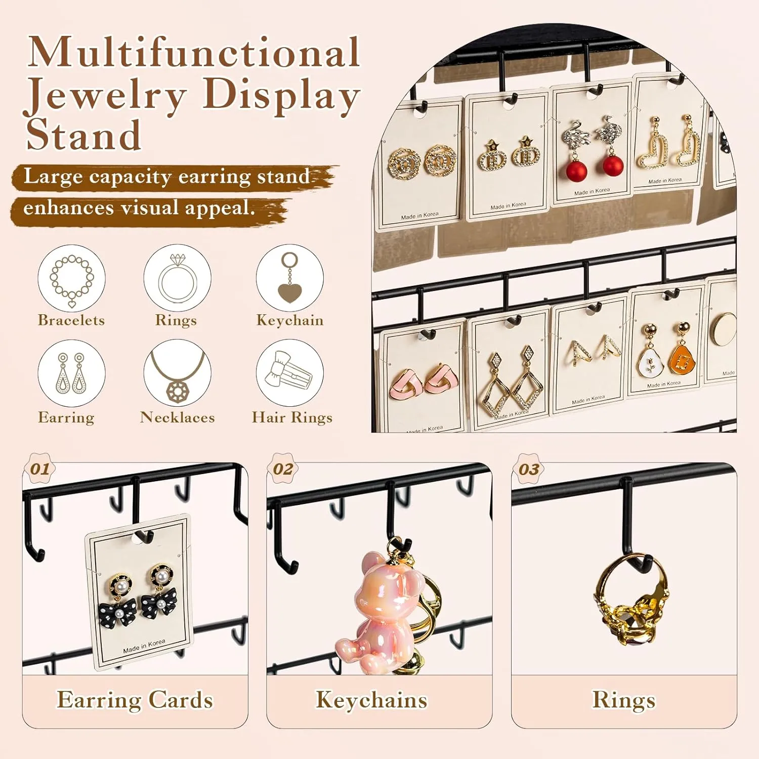 Earring Display Stands for Selling,Earring Rack Display Holder Stand,Jewelry Display Tower for Selling Earring Cards, Rings, Large Capacity 16.5" Wx 10.8" Dx 26.4" H (130 Hooks)