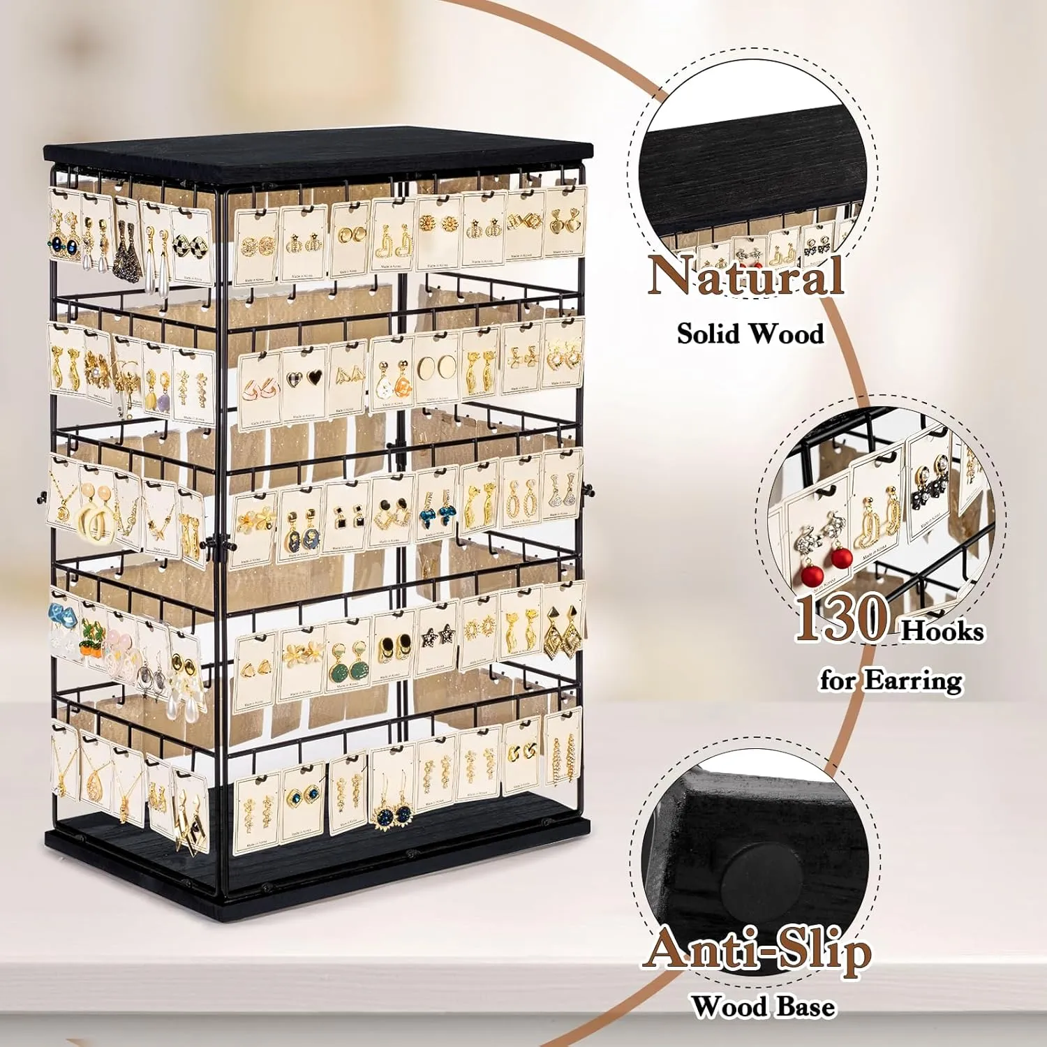 Earring Display Stands for Selling,Earring Rack Display Holder Stand,Jewelry Display Tower for Selling Earring Cards, Rings, Large Capacity 16.5" Wx 10.8" Dx 26.4" H (130 Hooks)