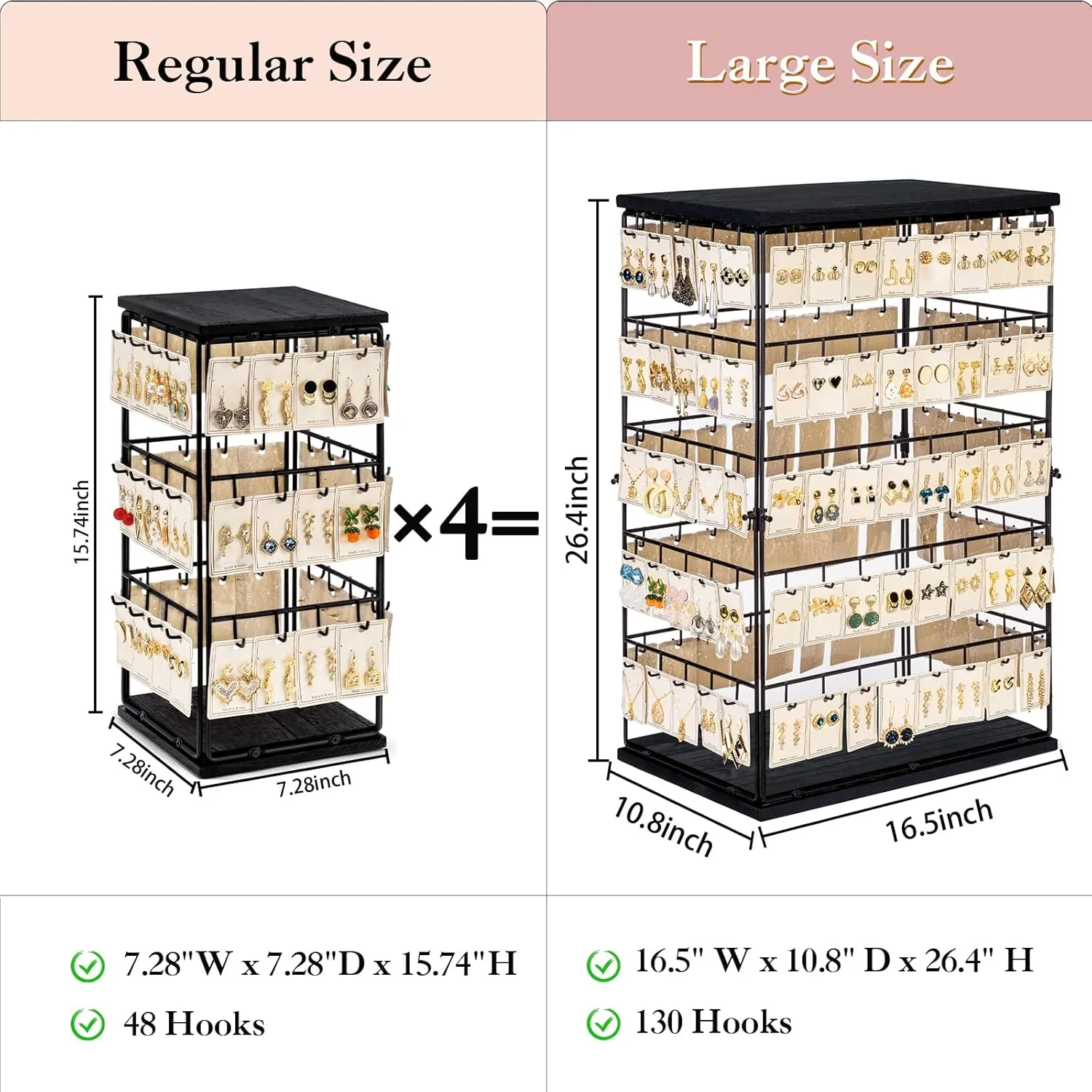 Earring Display Stands for Selling,Earring Rack Display Holder Stand,Jewelry Display Tower for Selling Earring Cards, Rings, Large Capacity 16.5" Wx 10.8" Dx 26.4" H (130 Hooks)