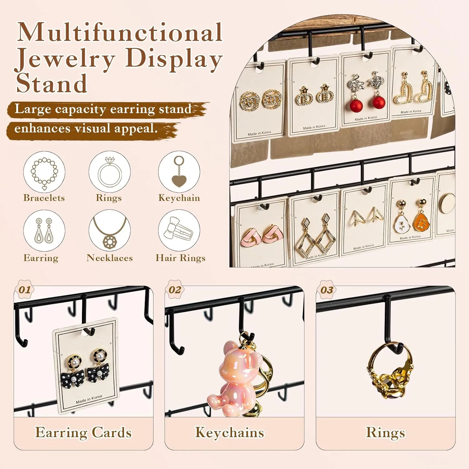 Earring Display Stands for Selling,Earring Rack Display Holder Stand,Jewelry Display Tower for Selling Earring Cards,Bracelets,Necklaces 16.5" Wx 10.8" Dx 26.4" H (130 Hooks)