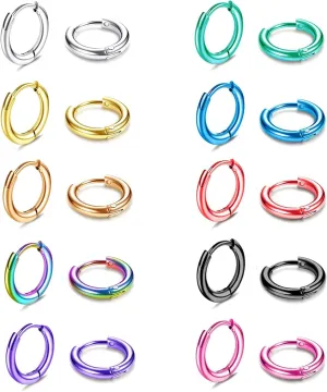 EIELO 10 Pairs Stainless Steel Small Hoop Earrings for Men Women Huggie Earrings Cool Mens Earrings Set Multicolor Huggie Hoop Earrings Piercing Cartilage Helix Lobes Sleeper Hoop Earrings Set 2-4mm