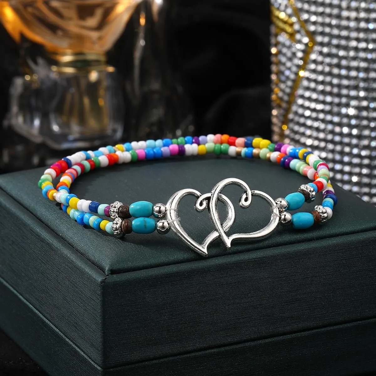 Elastic Beaded Anklet Seed Bead Turquoise Heart Ankle Bracelet for Women Double Hollow Hearts Layered Beaded Anklet Dainty Boho Beach Anklets Foot Jewelry