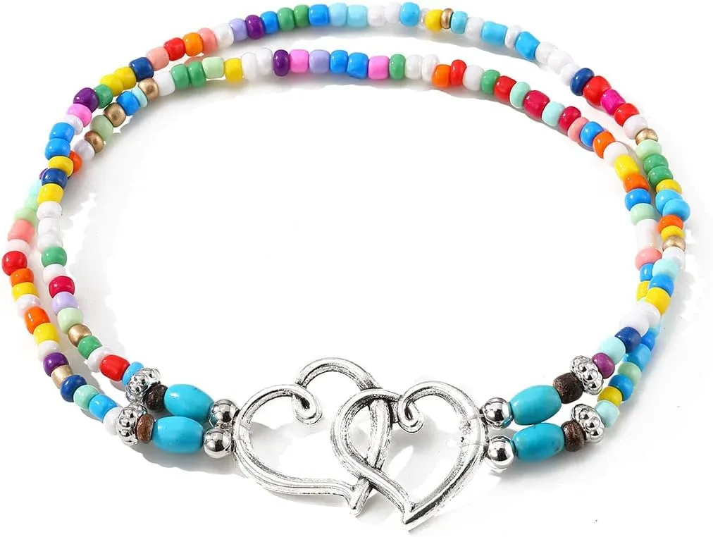 Elastic Beaded Anklet Seed Bead Turquoise Heart Ankle Bracelet for Women Double Hollow Hearts Layered Beaded Anklet Dainty Boho Beach Anklets Foot Jewelry
