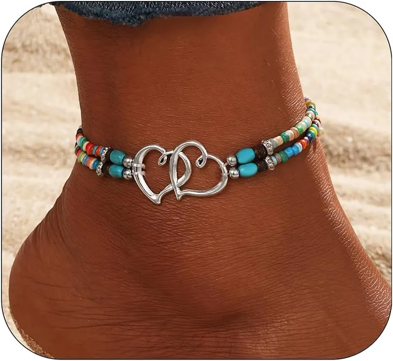 Elastic Beaded Anklet Seed Bead Turquoise Heart Ankle Bracelet for Women Double Hollow Hearts Layered Beaded Anklet Dainty Boho Beach Anklets Foot Jewelry
