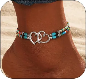 Elastic Beaded Anklet Seed Bead Turquoise Heart Ankle Bracelet for Women Double Hollow Hearts Layered Beaded Anklet Dainty Boho Beach Anklets Foot Jewelry