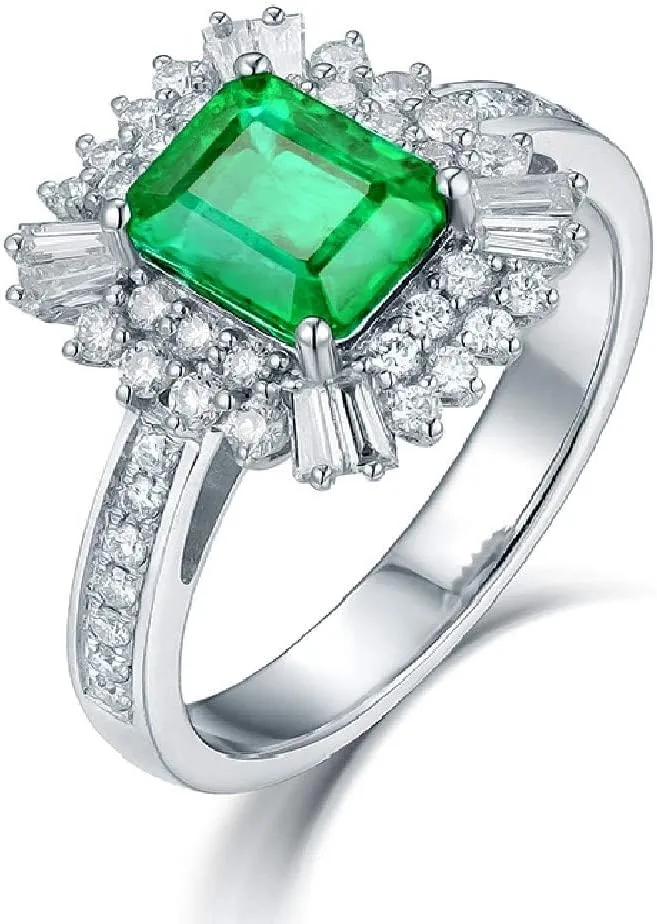 Emerald Ring For Women, 14K White/Yellow Gold Rings - Emerald and Diamond Ring, Vintage Natural Green Emerald Ring & Brilliant Real Diamond Gemstone Rings For Couple Engagement Ring