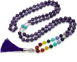 Energized 7 Chakra mala Hand Knotted 108 mala beads necklaces - Japa mala - Buddhist prayer beads - Meditation beads - Healing crystals for men women (Purple Jade Third eye chakra mala)