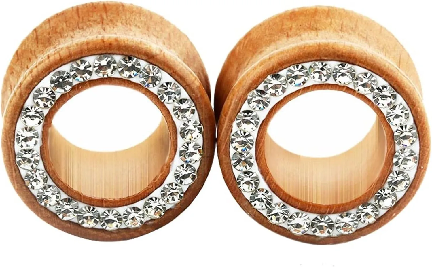 Epinki Ear Gauge Stretching, 2PCS Wood Men Women Ear Tunnels Wood Tunnels with White Round Cubic Zirconia Piercing Jewelry
