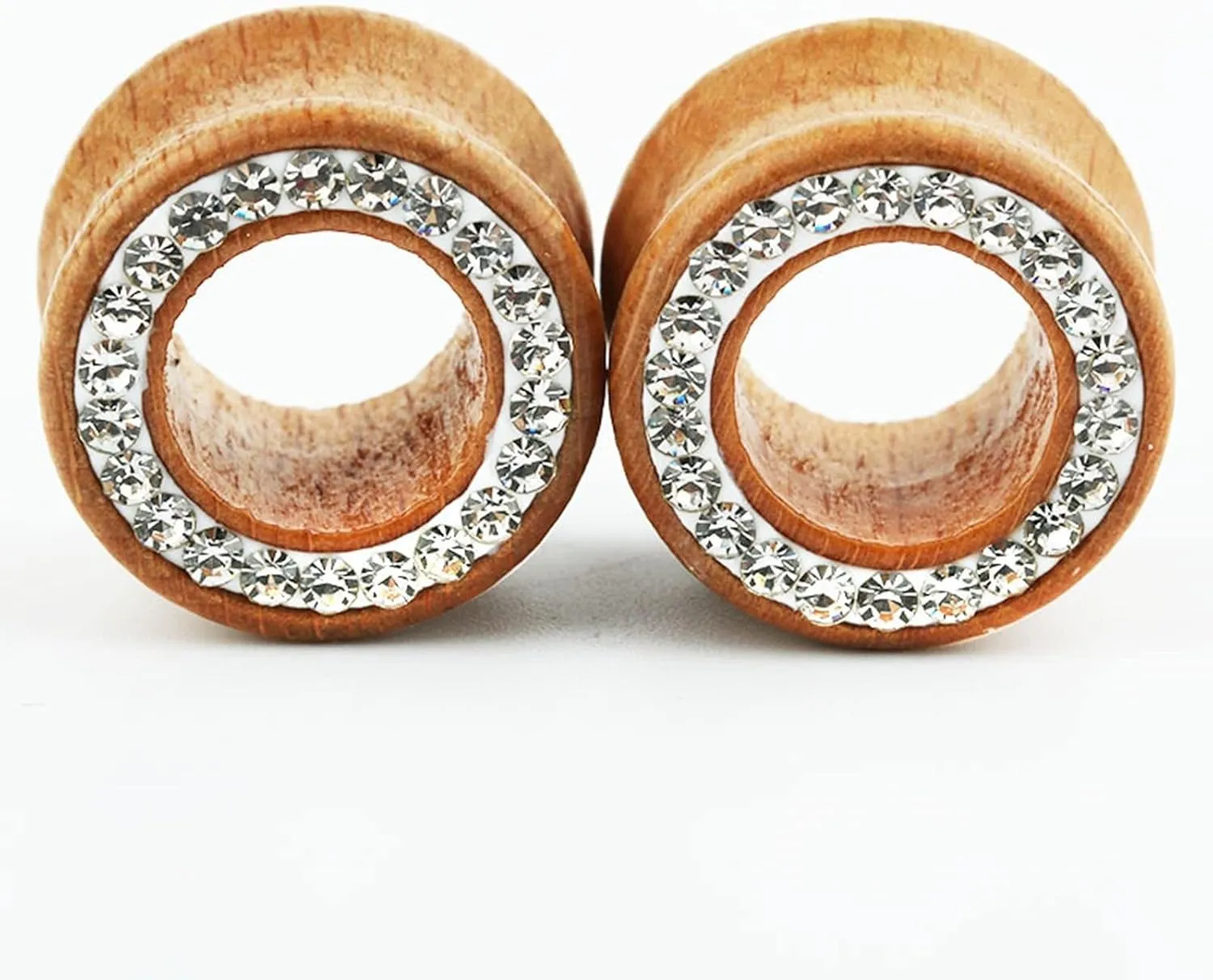 Epinki Ear Gauge Stretching, 2PCS Wood Men Women Ear Tunnels Wood Tunnels with White Round Cubic Zirconia Piercing Jewelry