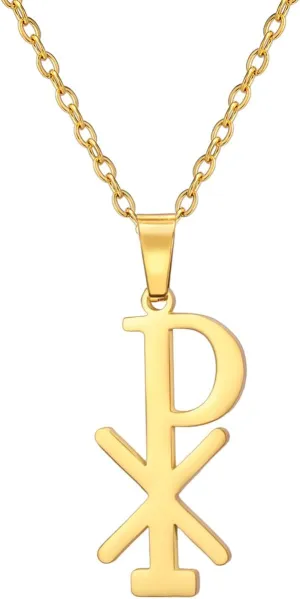 EUEAVAN Chi Rho Christogram Symbol Necklace Alpha Omega Symbol Necklace IXCI NIKA Jesus Christ Name Pendant Sacramental Christian Amulet Religious Jewelry Gift Women Men