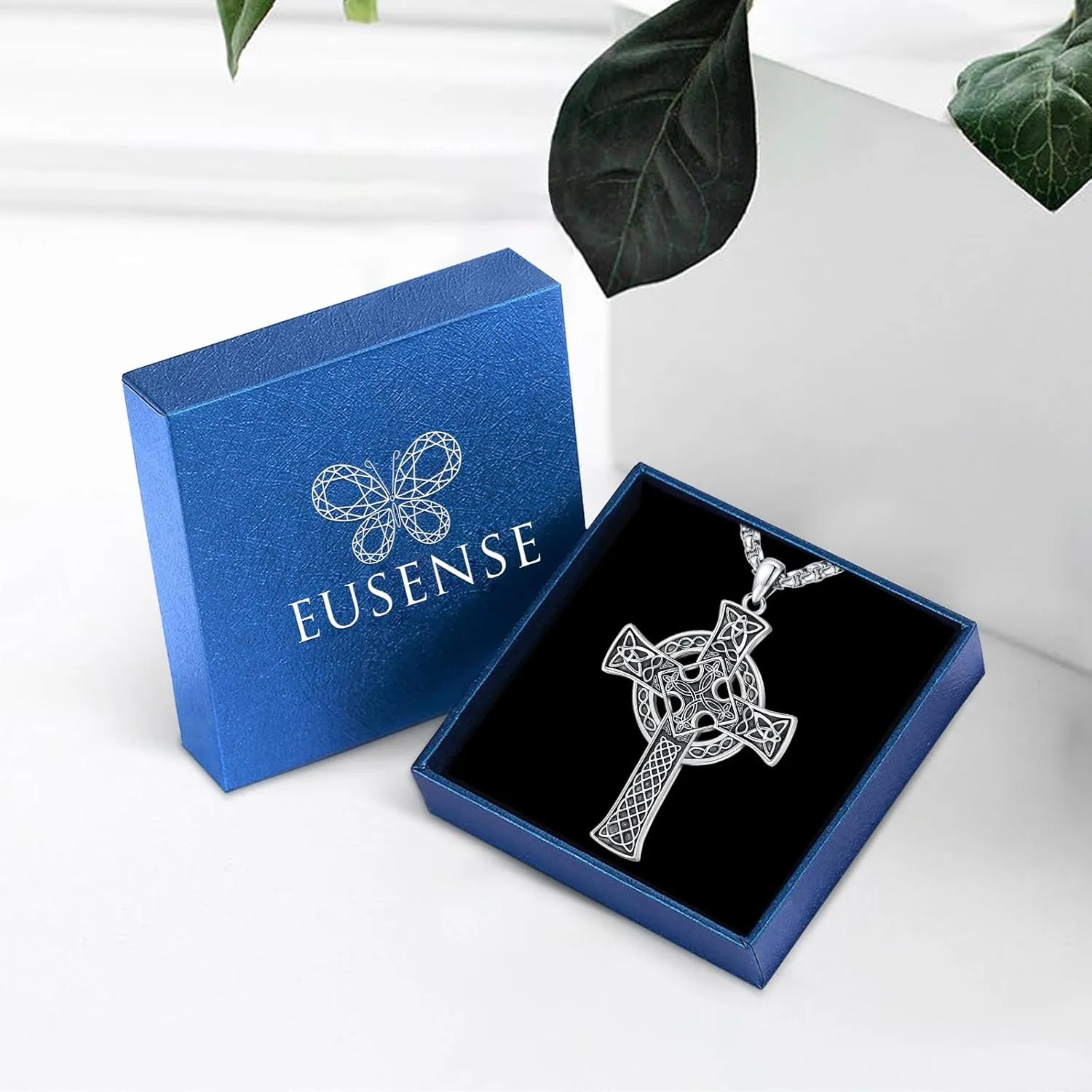 Eusense Celtic Cross Necklace for Men Women Irish Sterling Silver 925 Celtic Kont Cross Pendant Jewelry Womens Mens Big Large Male Female Cross Necklaces