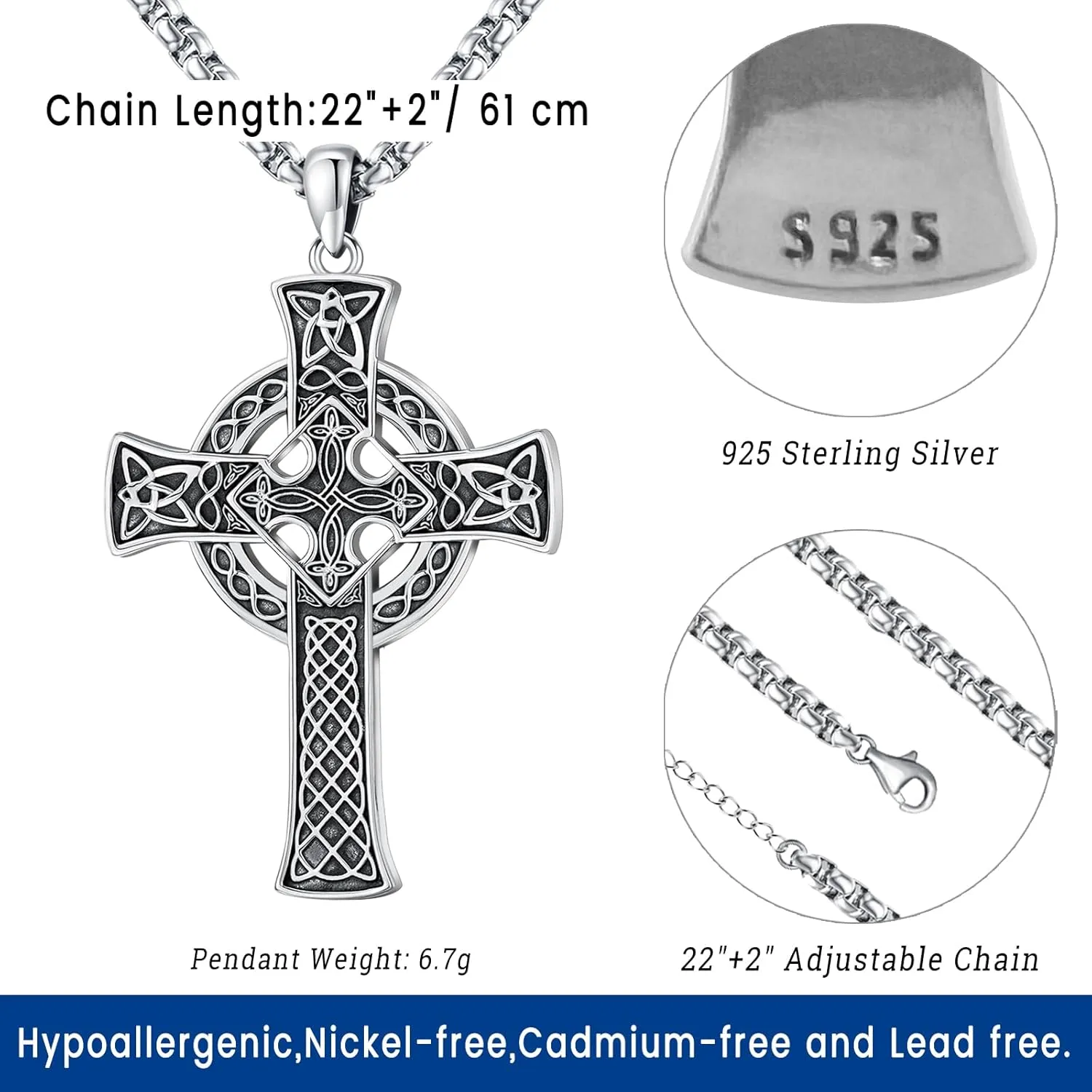 Eusense Celtic Cross Necklace for Men Women Irish Sterling Silver 925 Celtic Kont Cross Pendant Jewelry Womens Mens Big Large Male Female Cross Necklaces