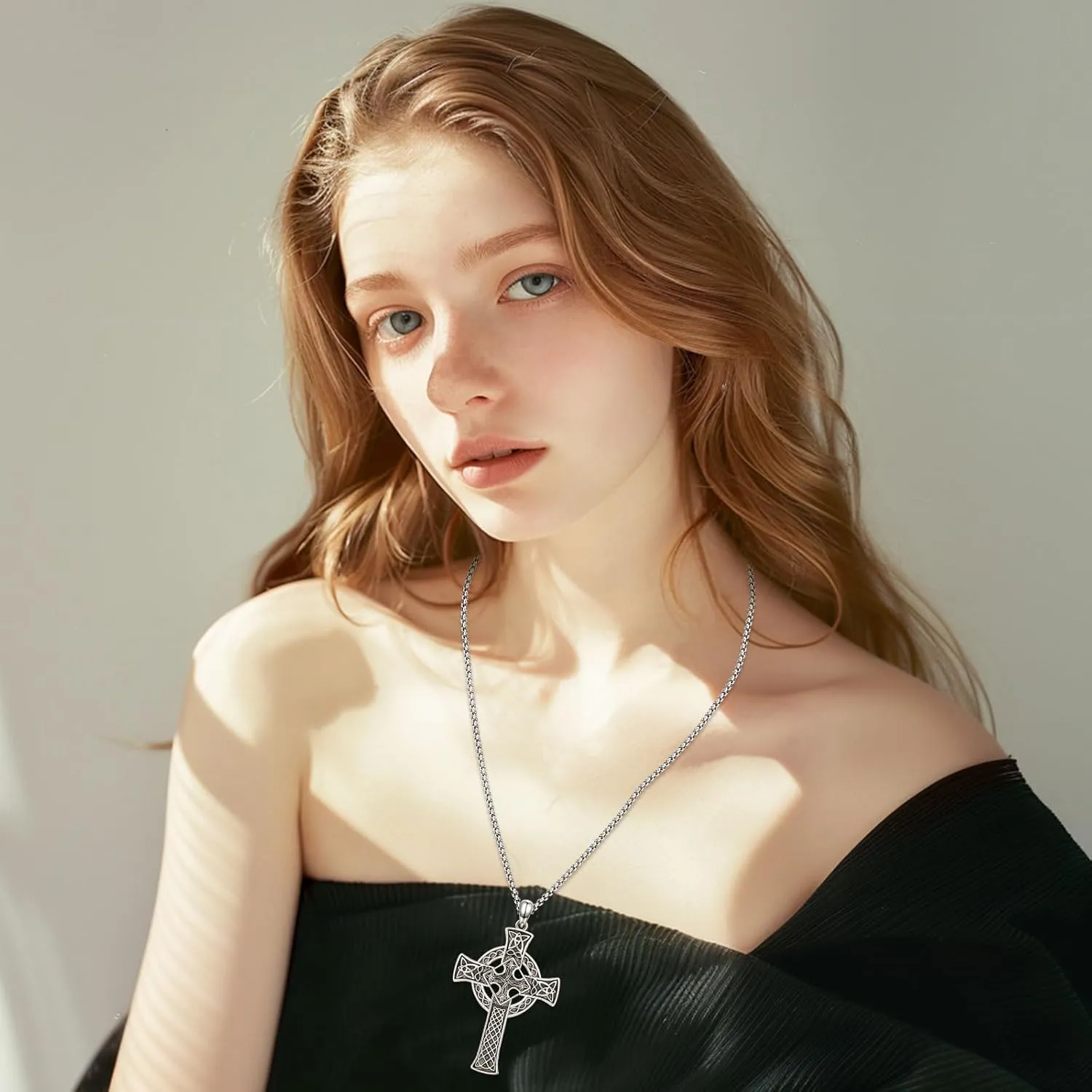 Eusense Celtic Cross Necklace for Men Women Irish Sterling Silver 925 Celtic Kont Cross Pendant Jewelry Womens Mens Big Large Male Female Cross Necklaces