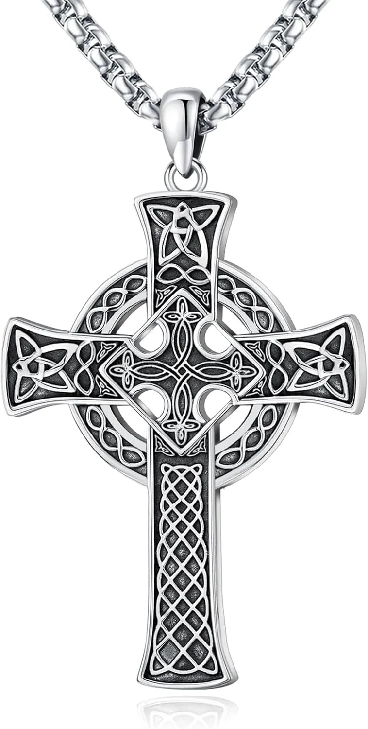 Eusense Celtic Cross Necklace for Men Women Irish Sterling Silver 925 Celtic Kont Cross Pendant Jewelry Womens Mens Big Large Male Female Cross Necklaces