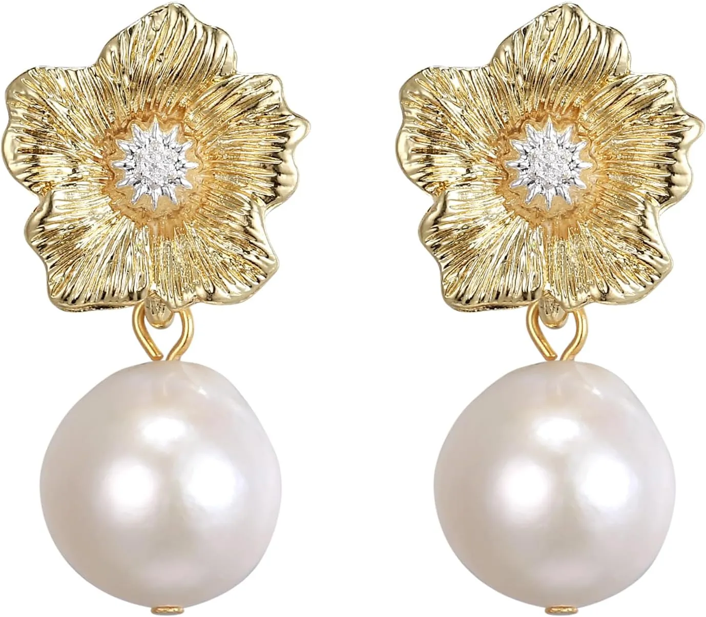 EVER FAITH 14K Gold Plated Drop Cubic Zirconia Irregular Natural Freshwater Baroque Pearl Statement Dangle Earrings Wedding Prom Party Jewelry for Women
