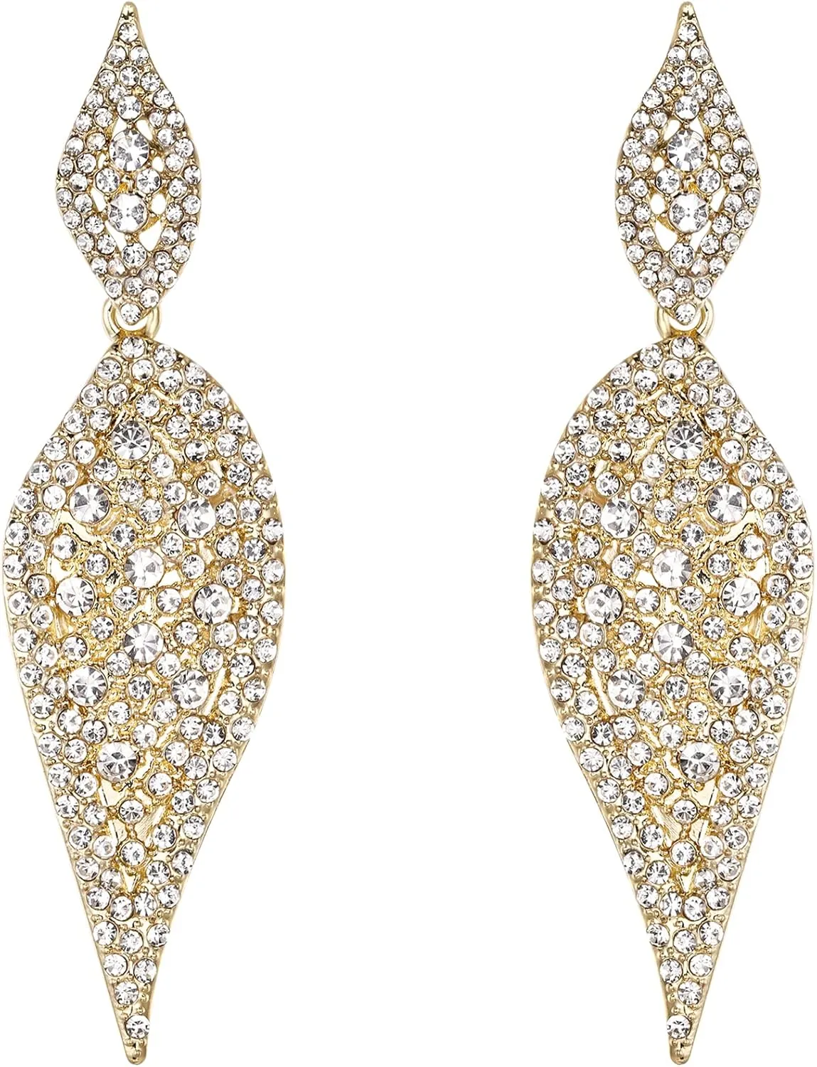 EVER FAITH 2 Leaf Round Full Crystal Art Deco Bridal Pierced Dangle Chandelier Earrings for Women