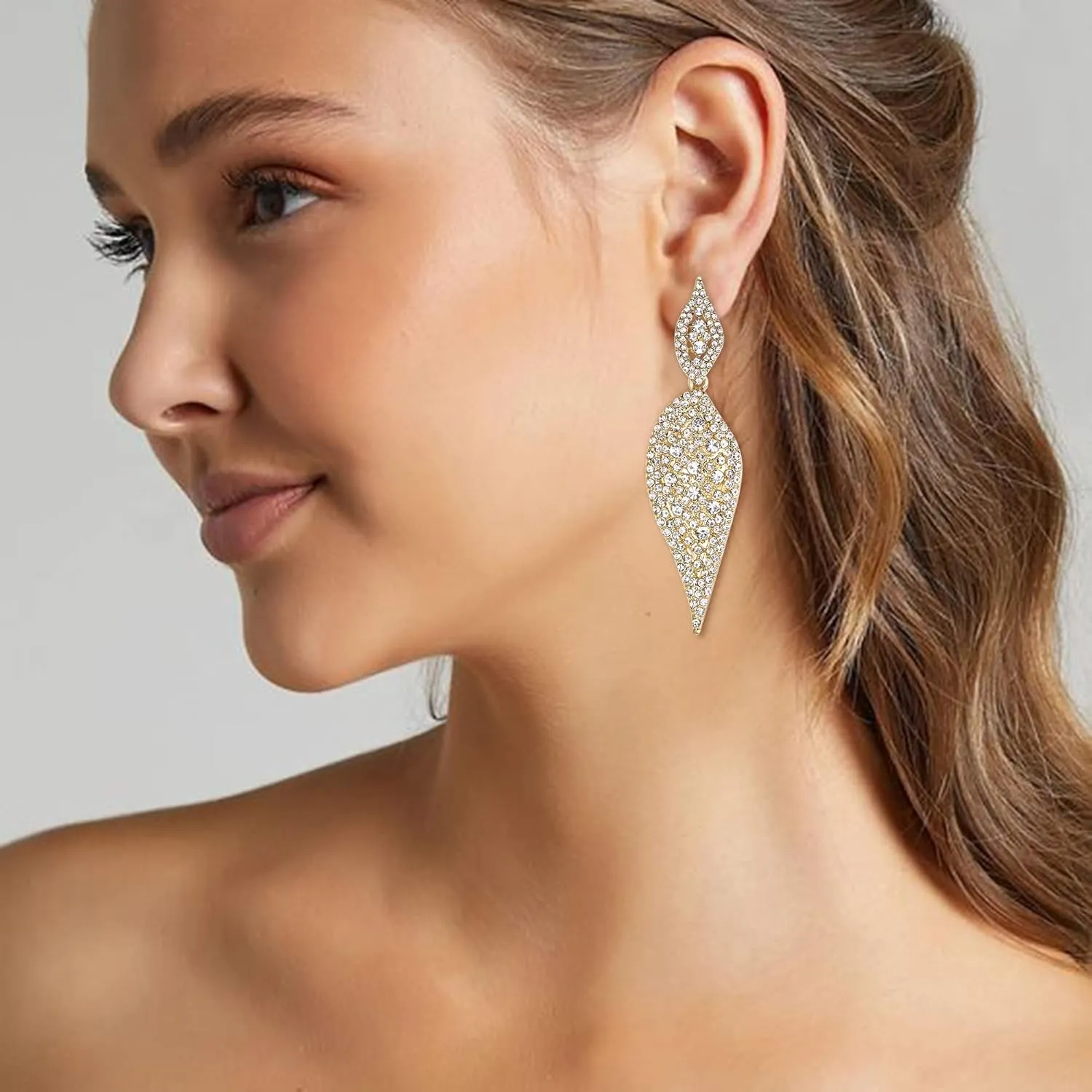 EVER FAITH 2 Leaf Round Full Crystal Art Deco Bridal Pierced Dangle Chandelier Earrings for Women