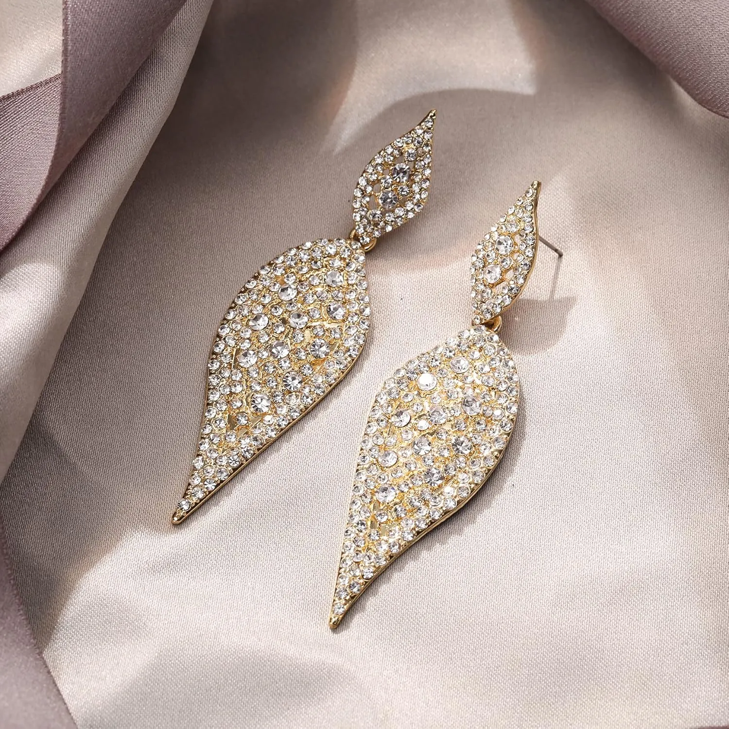 EVER FAITH 2 Leaf Round Full Crystal Art Deco Bridal Pierced Dangle Chandelier Earrings for Women