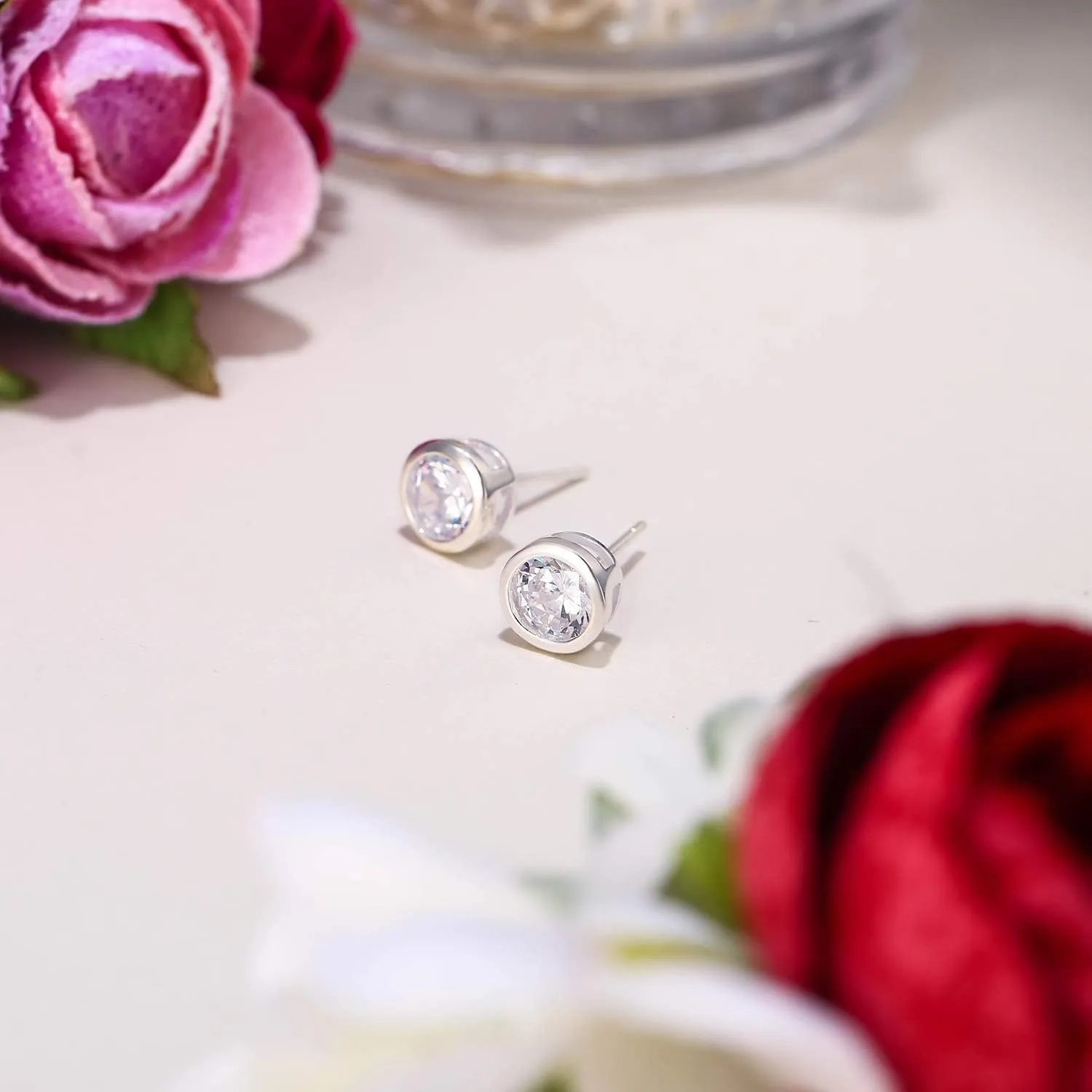 EVER FAITH 925 Sterling Silver Round Cut CZ Simple Basket Set Stud Earrings Clear