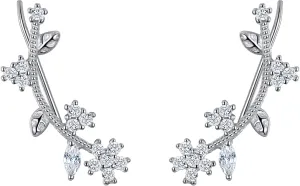 EVER FAITH 925 Sterling Silver Sparkly Cubic Zirconia Flower Leaf Vine Ear Climber Sweep Cuff Wrap Hook Earrings Clear