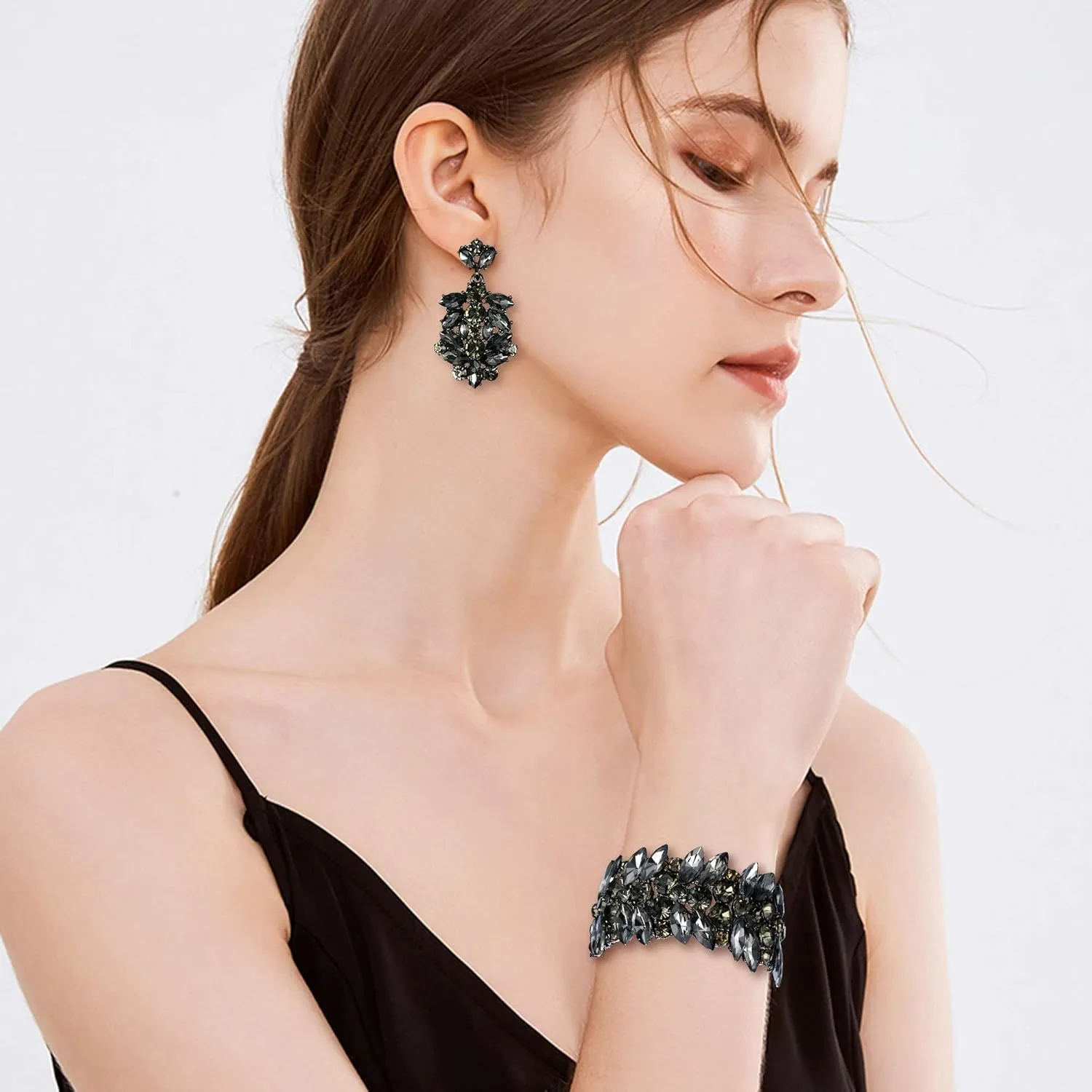 EVER FAITH Austrian Crystal Bride Wedding Jewelry Sets Art Deco Bridal Prom Earrings Stretch Bracelet Set