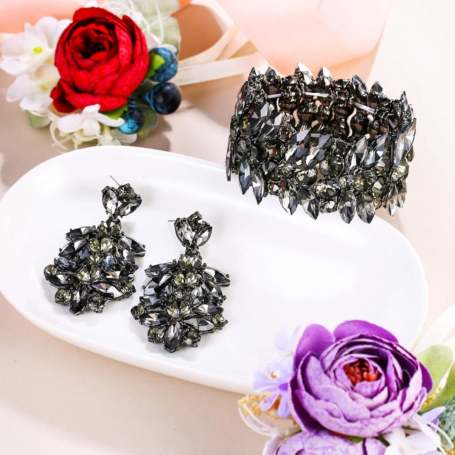 EVER FAITH Austrian Crystal Bride Wedding Jewelry Sets Art Deco Bridal Prom Earrings Stretch Bracelet Set